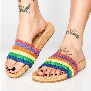Rainbow crochet cork slide sandals